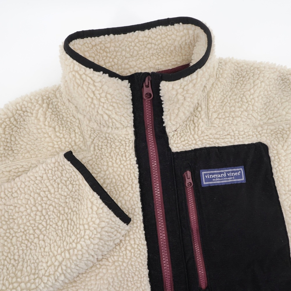 Vineyard Vines SuperShep Sherpa Pullover Cream Burgundy Long Sleeve Mens Medium